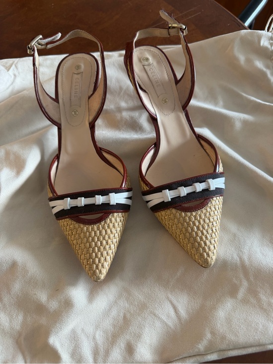 Celine Shoes - Celine Pointed Straw Slingback Heels in Brown, Natural & Black
